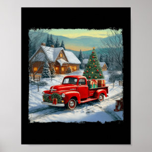 Poster Vintage Wagon Red Truck Feliz Árvore de Natal