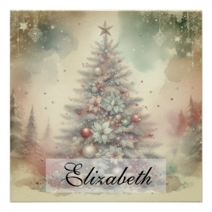 Pôster Vintage Watercolor Árvore de Natal e Ornamentos
