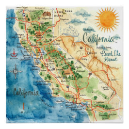 Pôster Vintage Watercolor California Travel Map Art