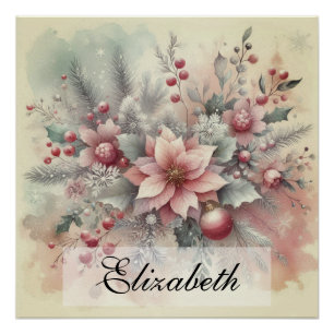 Pôster Vintage Watercolor Christmas Floral and Ornaments
