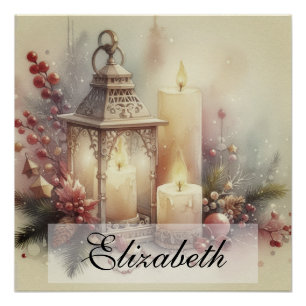 Pôster Vintage Watercolor Lanterna e ornamentos de Natal