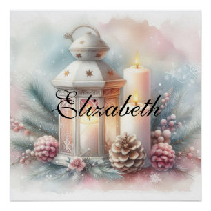 Pôster Vintage Watercolor Lanterna e ornamentos de Natal