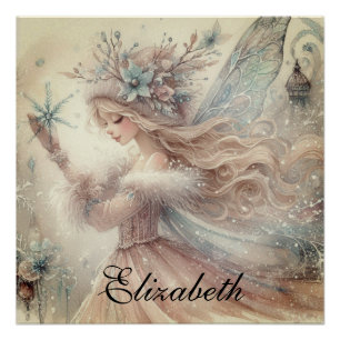 Pôster Vintage Watercolor Winter Snow Fairy Fantasy Art