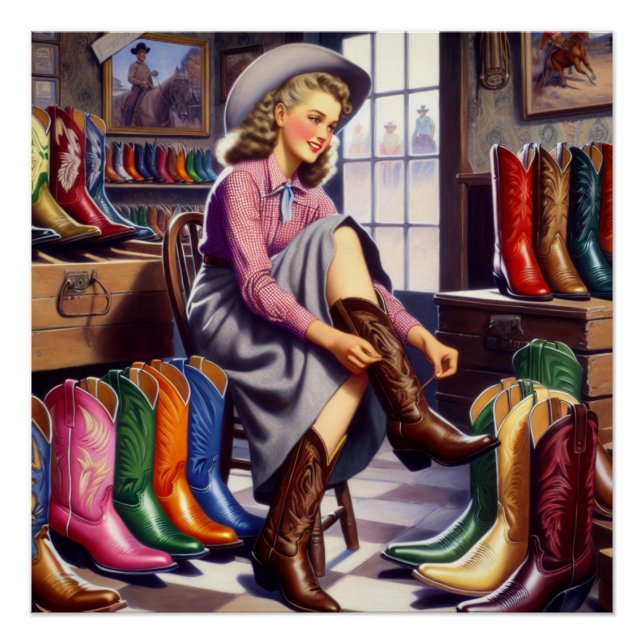 Pôster Vintage Western Retro Cowgirl Boot Comprando (Frente)