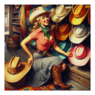 Pôster Vintage Western Retro Cowgirl Comprando Chapéus