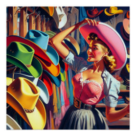 Pôster Vintage Western Retro Cowgirl Comprando Chapéus 5