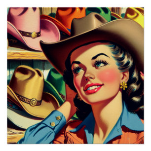 Pôster Vintage Western Retro Cowgirl Comprando Chapéus 5