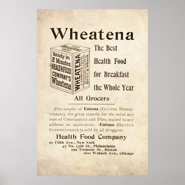 Poster Vintage Wheatena Health Comida Ad de 1899 (Frente)