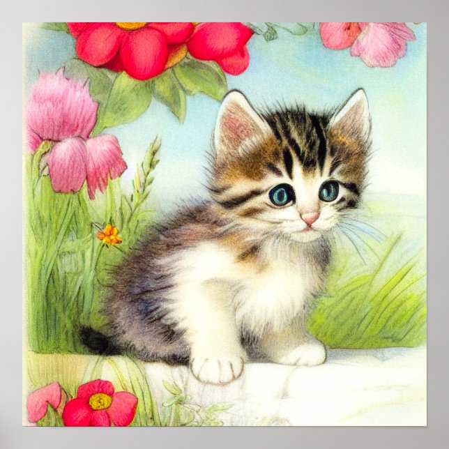 Poster Vintage White e Brown Kitten com Flores (Frente)