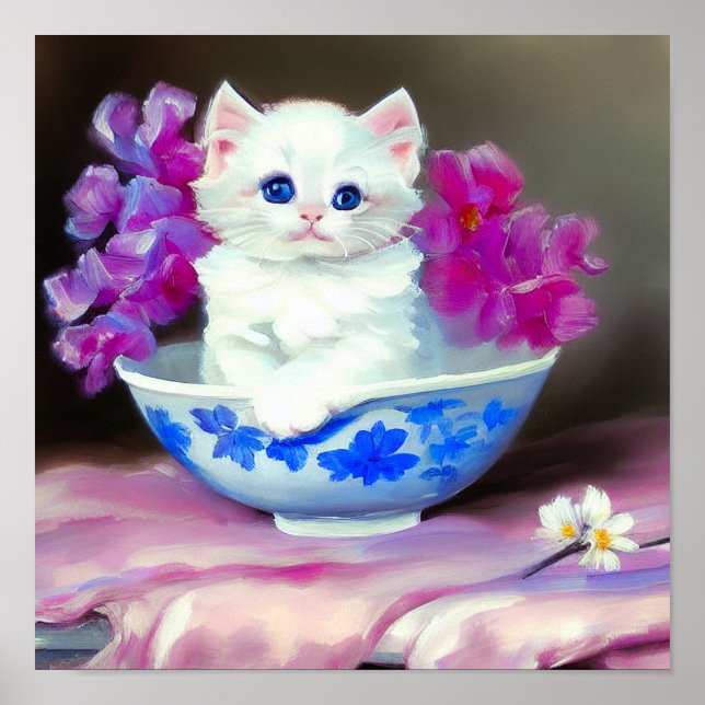 Poster Vintage White Kitten com Flores Rosa (Frente)