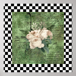 Poster Vintage White Roses & Checkerboard