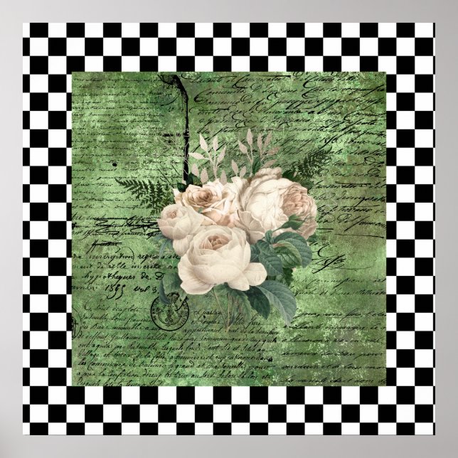 Poster Vintage White Roses & Checkerboard (Frente)