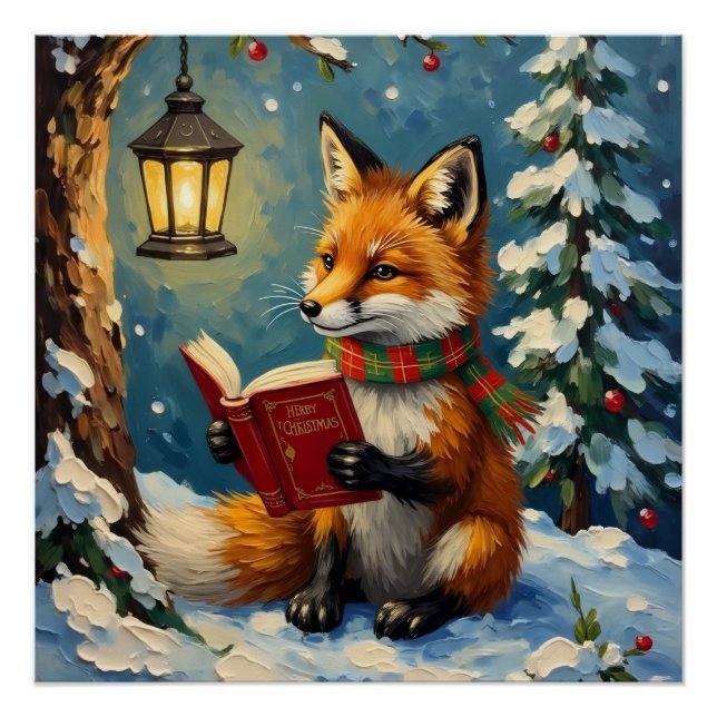 Pôster Vintage Winter Fox Reading by Lantern Light (Frente)