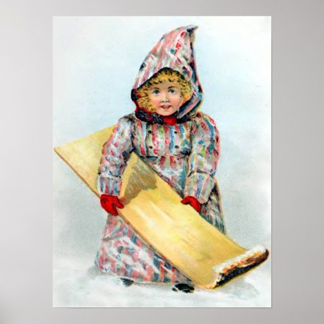 Poster Vintage Winter Sledim Girl (Frente)