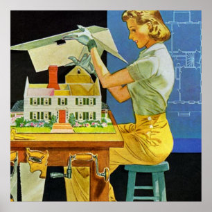 Poster Vintage Woman Architect Miniature House Blueprint