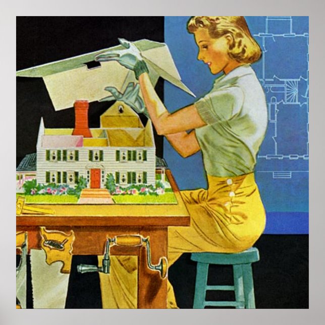 Poster Vintage Woman Architect Miniature House Blueprint (Frente)