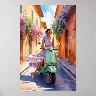 Poster Vintage Woman em Patinete em Roma - Retro Viagem