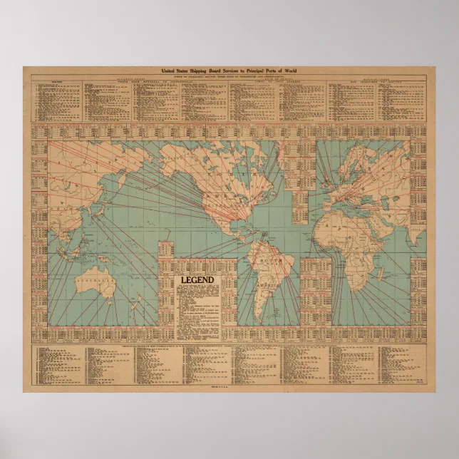 Poster Vintage World Map Shipping Routes and Speeds - 192 | Zazzle Brasil