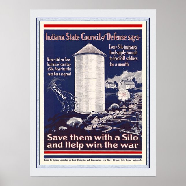 Poster Vintage WW1 Indiana Corn Silo Patriotic Farmers (Frente)