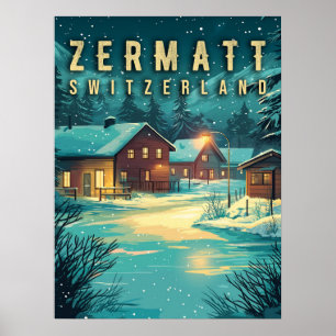 Poster Vintage Zermatt, Suiça: Alpes Neves à Noite