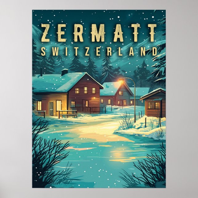 Poster Vintage Zermatt, Suiça: Alpes Neves à Noite (Frente)