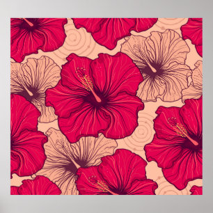 Poster Vintagem de Flores de Hibisco Desenhadas à Mão