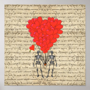 Pôster Vintagem engraçada Esqueleto e coração vermelho