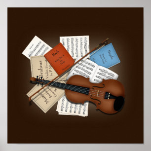 Poster Viola & Arco Com Livros & Folhas Musicais Personal