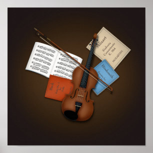 Poster Viola e Arco em Pilha de Livros de Música Personal