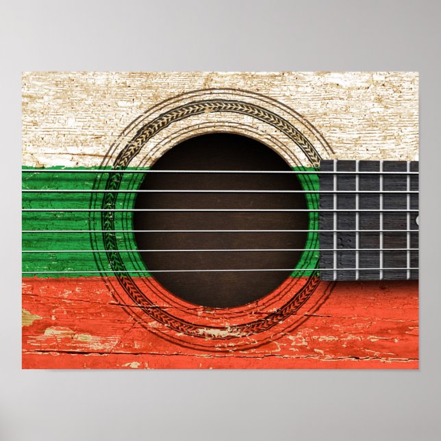 Pôster Violão acústico antigo com bandeira búlgara (Frente)