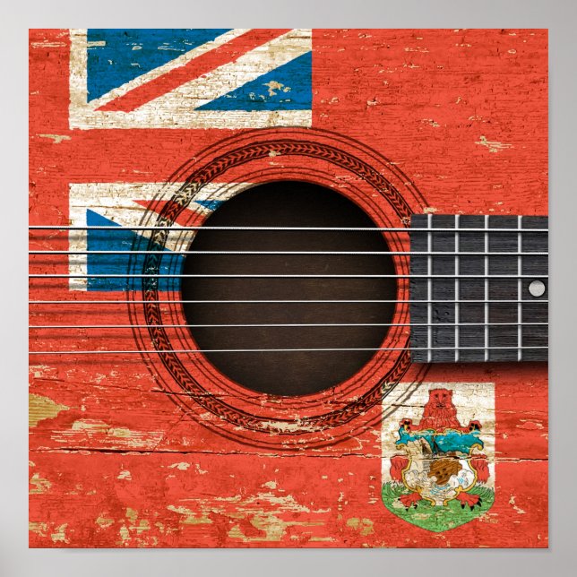 Pôster Violão Acústico Antigo com Bandeira das Bermudas (Frente)