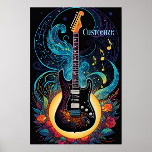 Poster Violão Elétrico De Música E Rosas