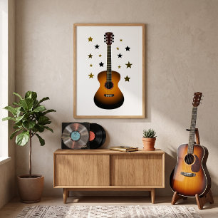 Poster Violão Sunburst Dourado Estrelas Pretas Música