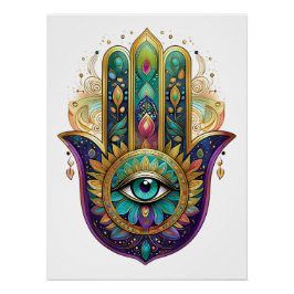 Pôster Violet Green Gold Petals Hamsa Turquoise Third Eye