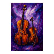 Violin and Cello Against Purple Background