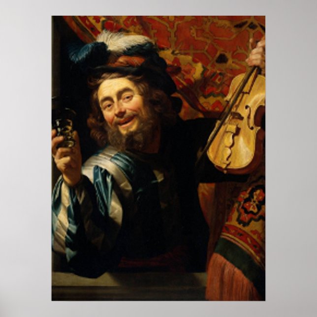 Pôster Violinista de Feliz com Vidro de Vinho (Frente)