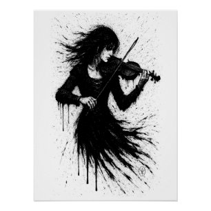 Pôster Violinista Nascido da Tinta na Tempestade de Som
