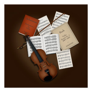 Pôster Violino em uma pilha de músicas personalizável