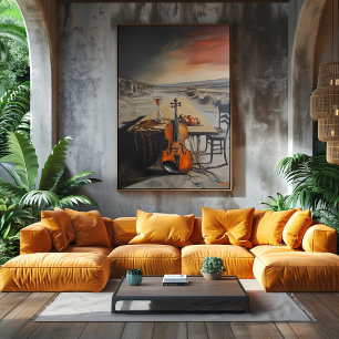 Poster Violino Surreal e Ampulheta em Mesa Deserta