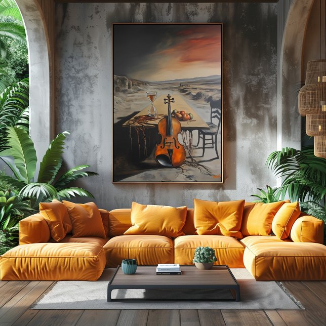 Poster Violino Surreal e Ampulheta em Mesa Deserta (Criador carregado)