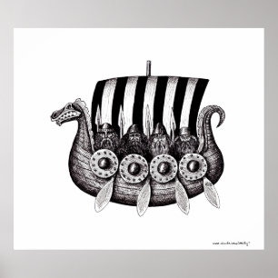 Pôster Viquingues no desenho preto e branco da tinta da