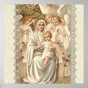 Pôster Virgem Madonna Mary com Criança Jesus e Anjos