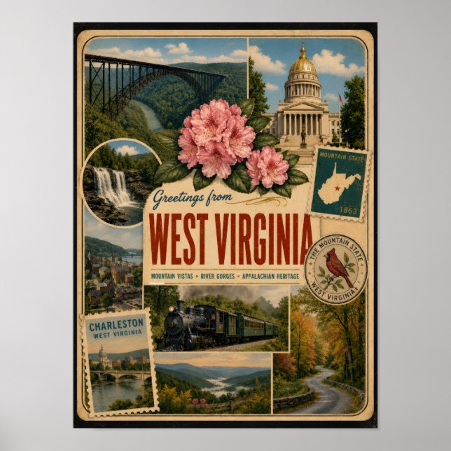 Poster Virgínia Ocidental Estilo Vintage Autêntico (Frente)