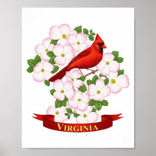 Pôster Virginia State Cardinal Bird e Dogwood Flower