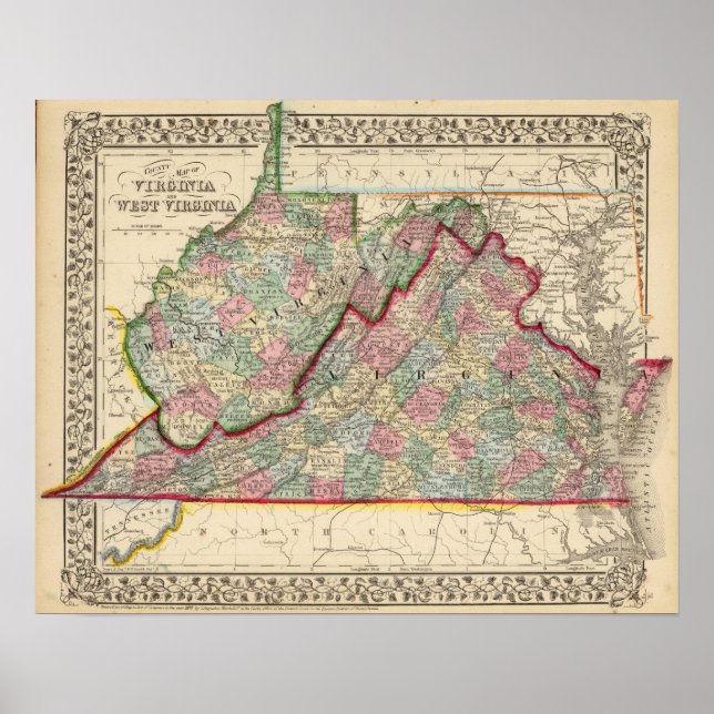 Poster Virginia, W Virginia Map de Mitchell (Frente)