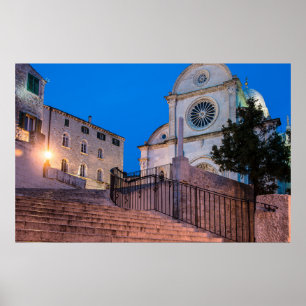 Poster Visão noturna das escadas e da igreja em Split, Cr