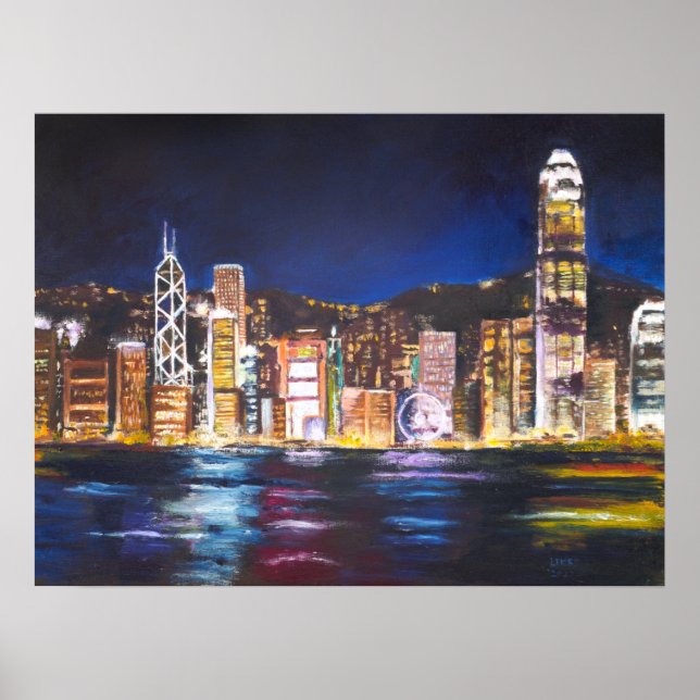 Poster Visão noturna de Hong Kong Vitoria Harbor pintura  (Frente)