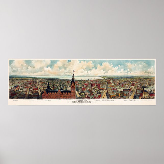 Poster Visão Panorâmica de Milwaukee Wisconsin em 1898 (Frente)