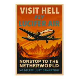 Pôster Visite o Inferno - Fly Lucifer Air Viagens vintage