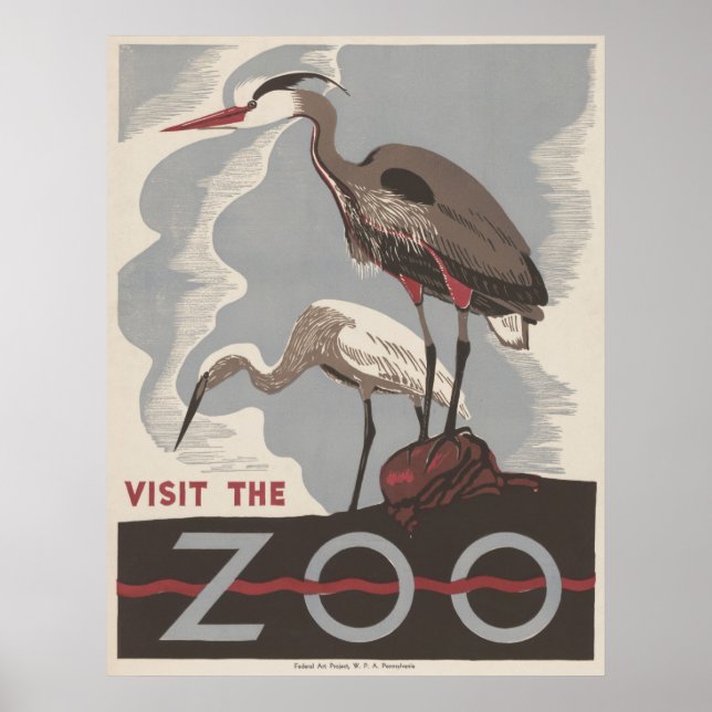 Poster Visite o Zoo Heron Vintage WPA (Frente)
